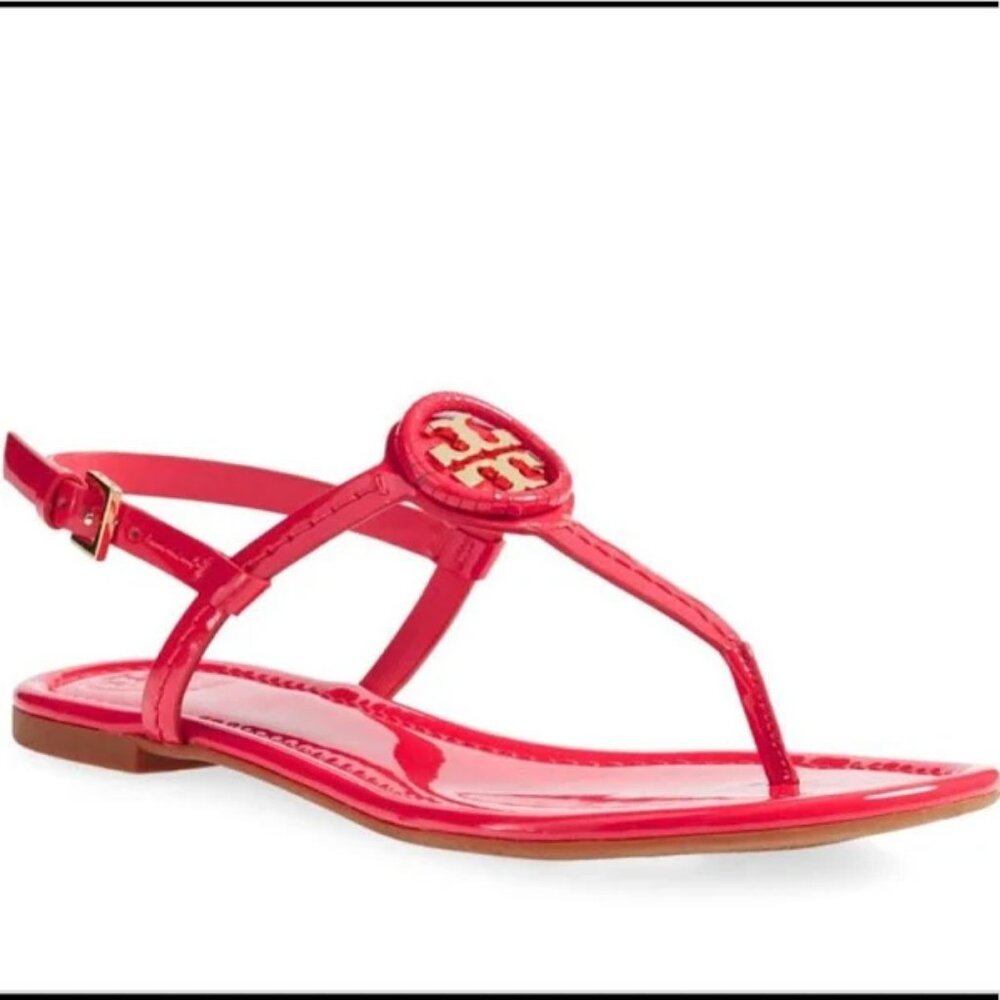 Tory Burch Dillan Patent Leather Flat Sandal, Size 8.5, Ruby Red